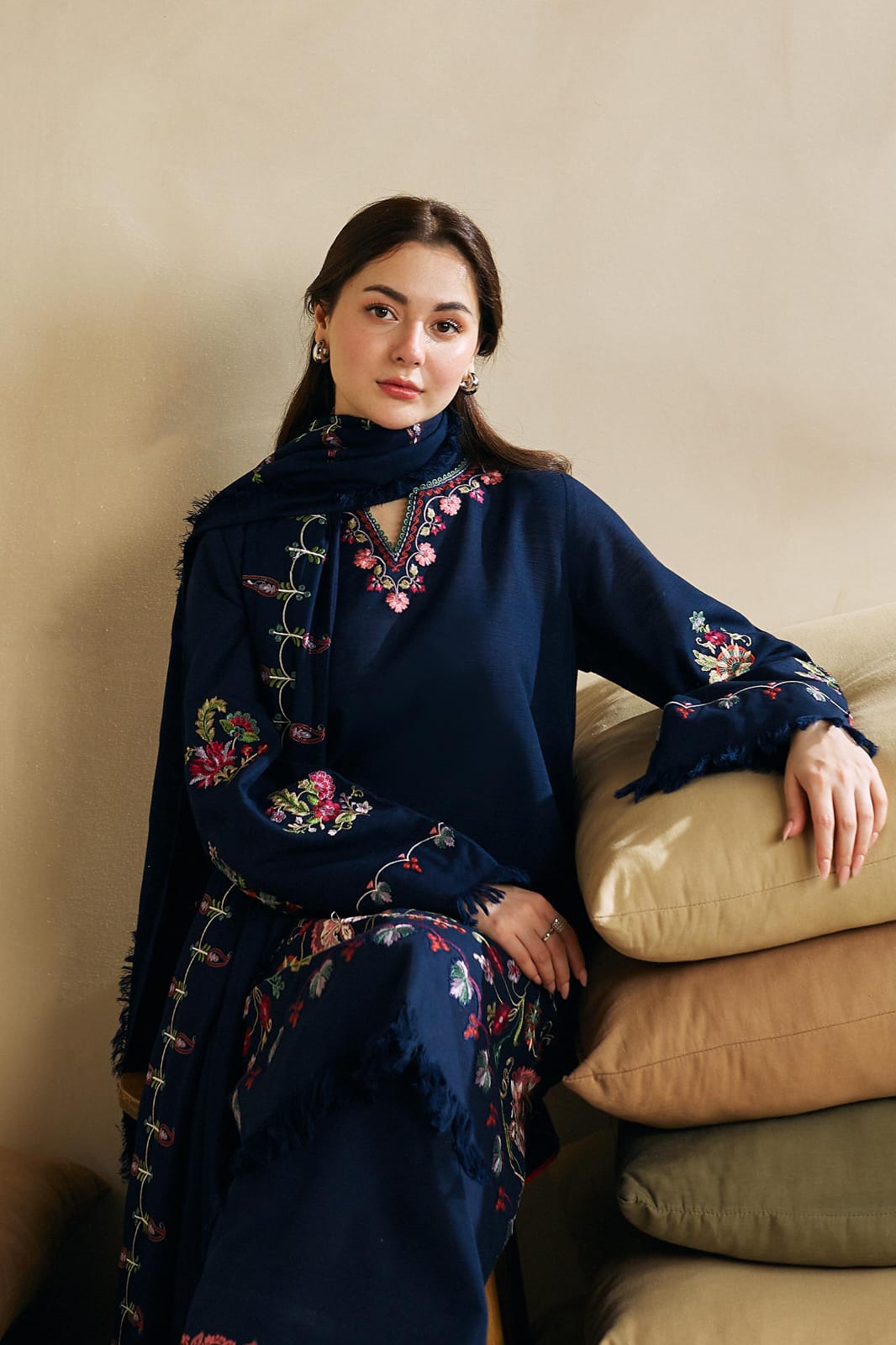 Coco Dark Navy Blue Suit - Embroidered Khaddar Linen Unstitched 3-Piece Suit



