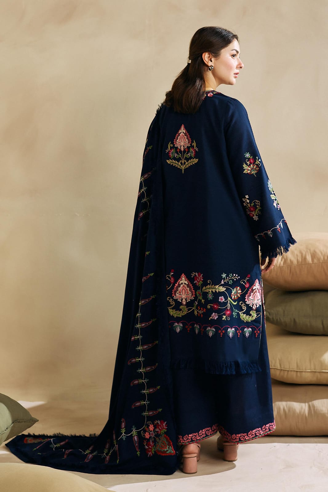 Coco Dark Navy Blue Suit - Embroidered Khaddar Linen Unstitched 3-Piece Suit




