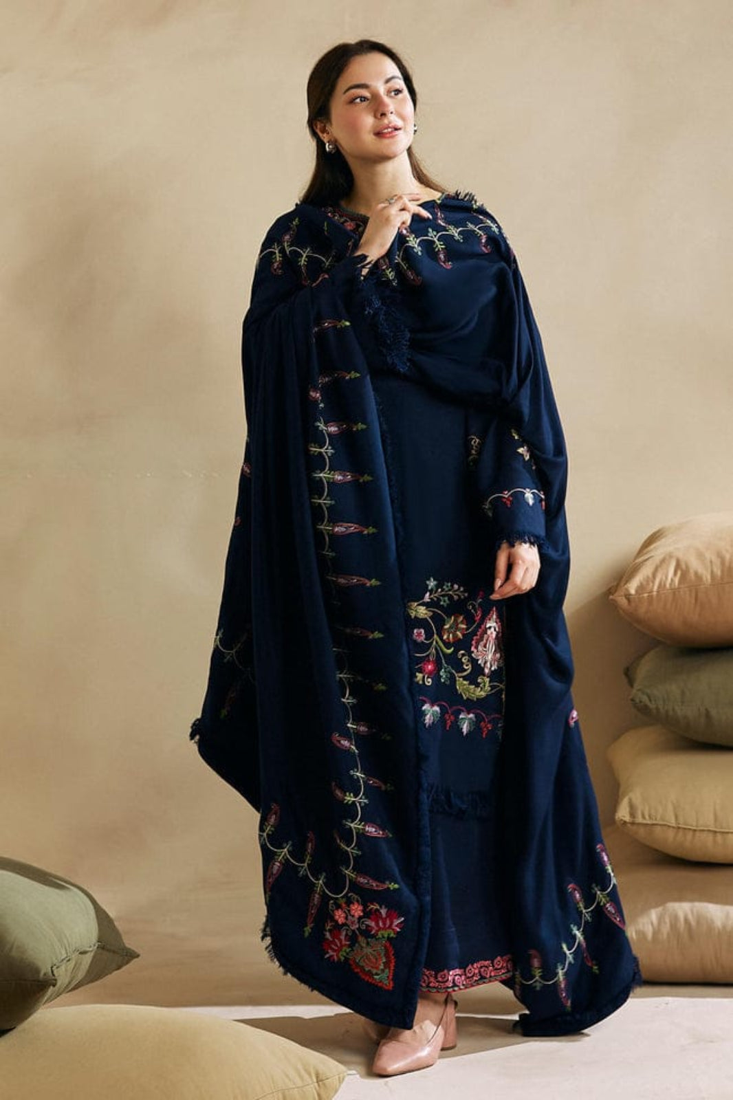 Coco Dark Navy Blue Suit - Embroidered Khaddar Linen Unstitched 3-Piece Suit