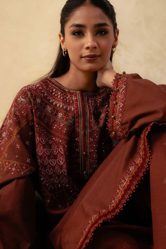 Coco Brown Suit - Embroidered Khaddar Linen Unstitched 3-Piece Suit