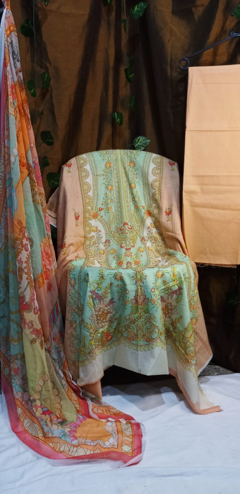 Office Wear  Peach Green Suit-Unstitched