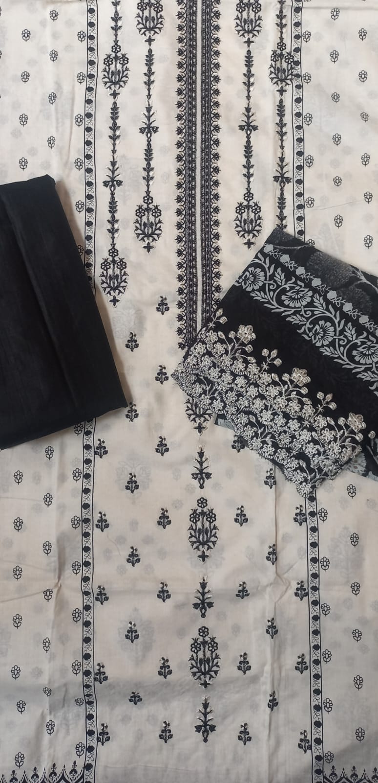 White and black cotton lawn unstitched suit with self-embroidery 