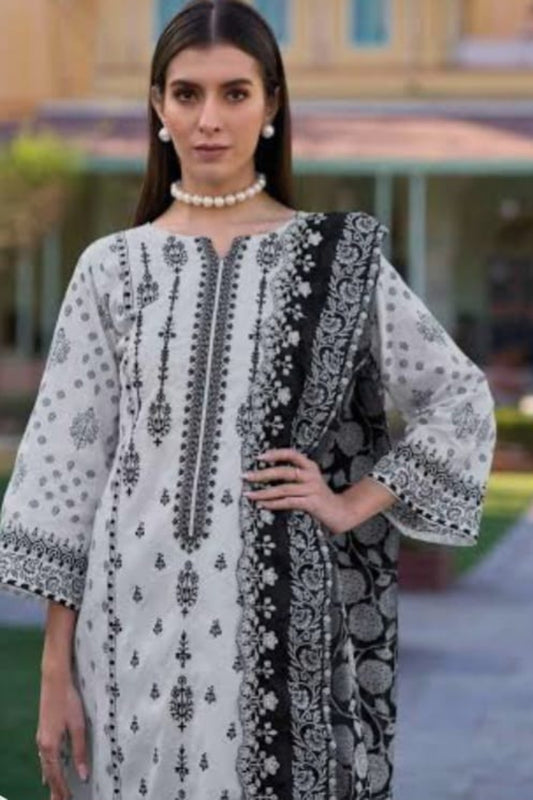 White and black cotton lawn unstitched suit with self-embroidery 

