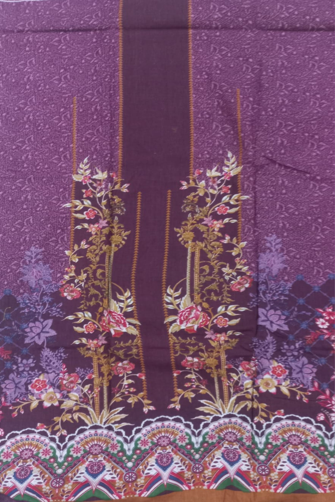 Burgundy  fabric with floral patterns and decorative border