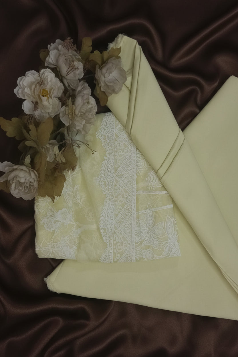 Premium Cotton Lawn  Lemon Yellow Festive Suit-Unstitched