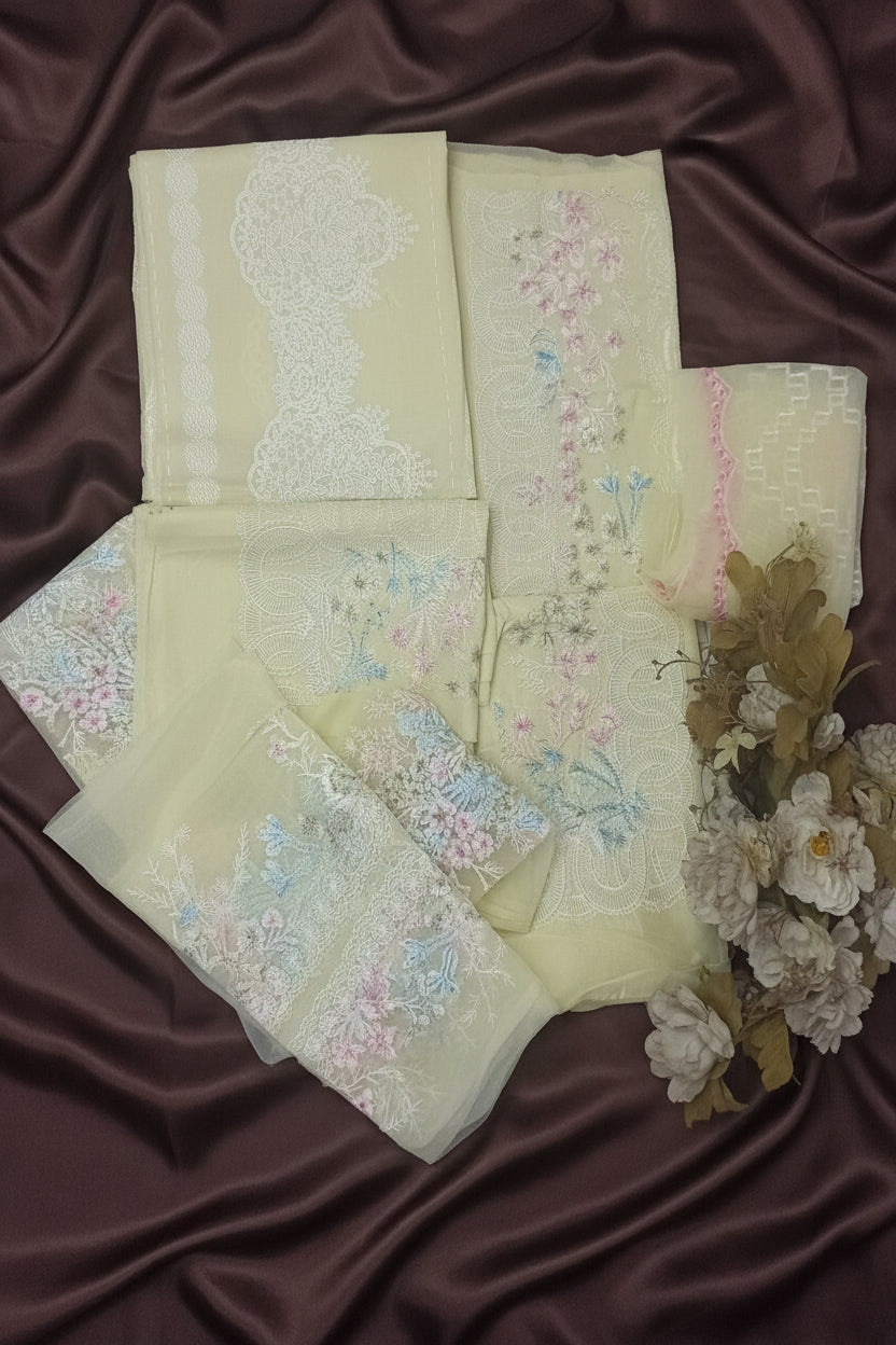 Premium Cotton Lawn  Lemon Yellow Festive Suit-Unstitched